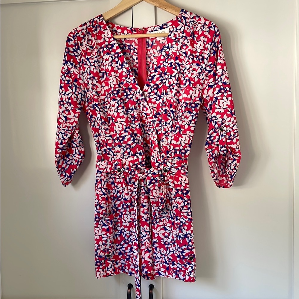 Yumi Kim Floral Wrap Romper in Red and White